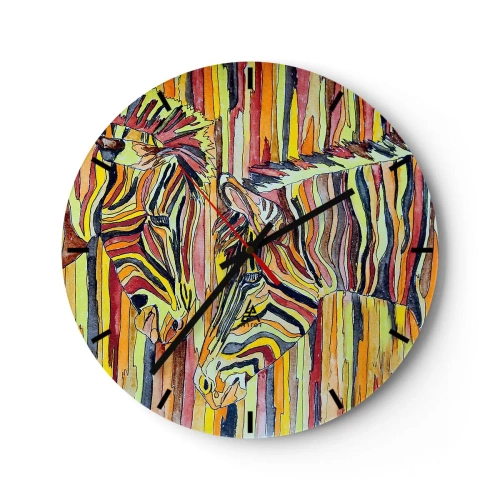 Zegar ścienny - Abstrakcyjne przedstawienie dwóch zebr na tle kolorowych pasków - 30x30cm - A więc ty też… - Nowoczesna dekoracja ścienna do salonu, kuchni i sypialni ARTTOR