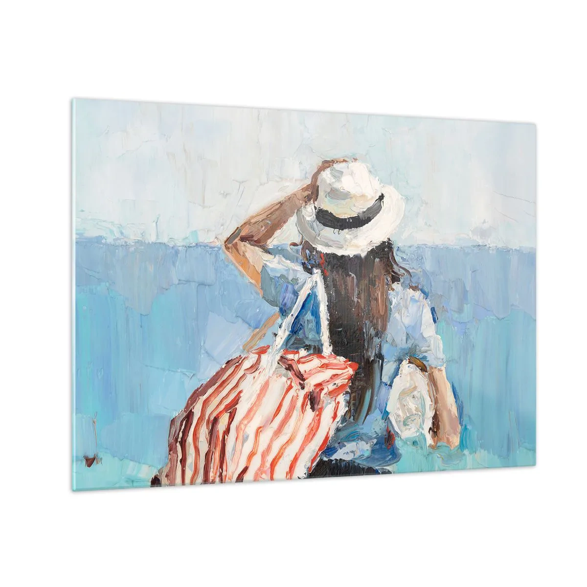Obraz na szkle - Kobieta z torbą w paski patrząca na morze w słoneczny dzień - 70x50cm - Witaj na wakacjach - Nowoczesna dekoracja ścienna do salonu i sypialni ARTTOR