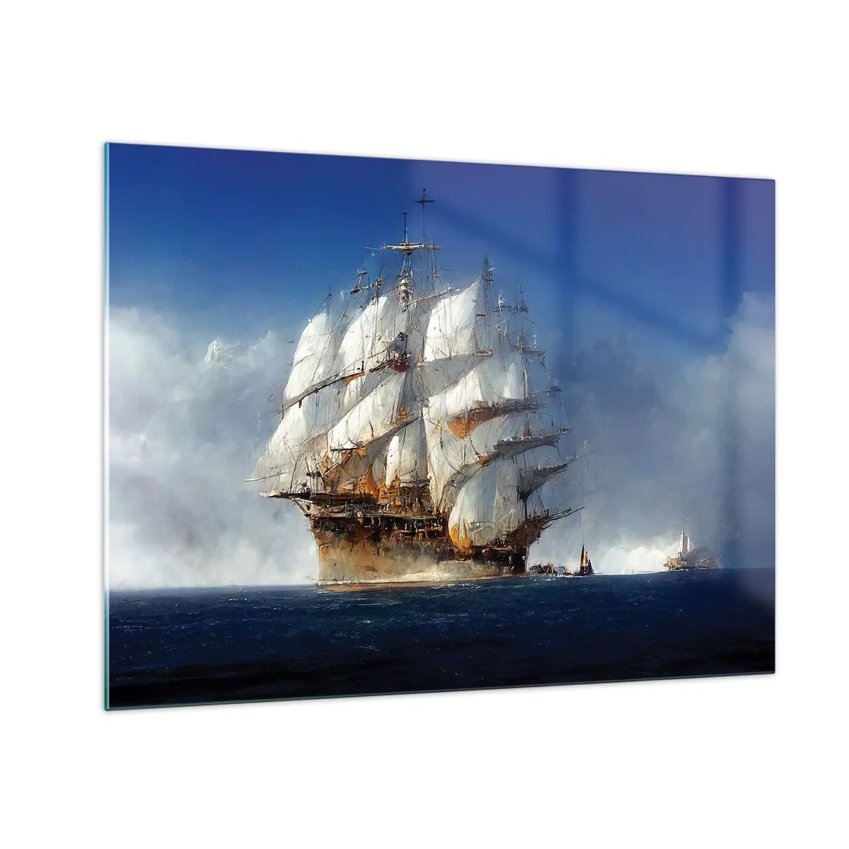 Obraz na szkle - Żaglowiec na pełnym morzu wśród morskiej mgły - 70x50cm - The great glory! - Nowoczesna dekoracja ścienna do salonu i sypialni ARTTOR