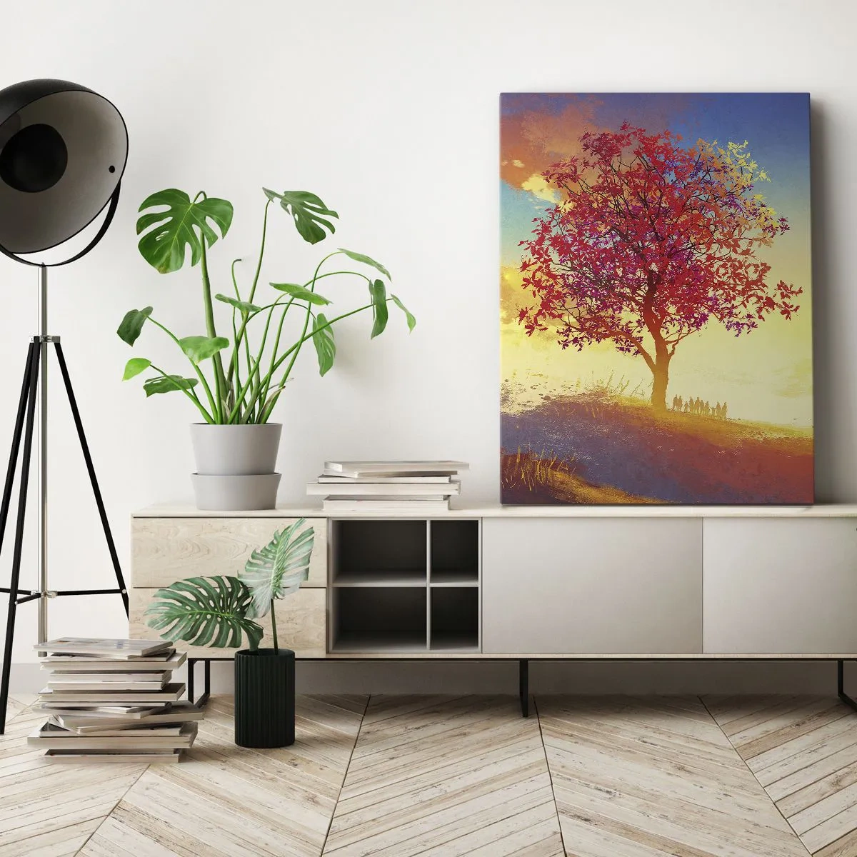 Obraz na płótnie - Postać na wzgórzu obok kolorowego drzewa w świetle zachodzącego słońca - 80x120cm - Pielgrzym u celu - Nowoczesna dekoracja ścienna do salonu i sypialni ARTTOR