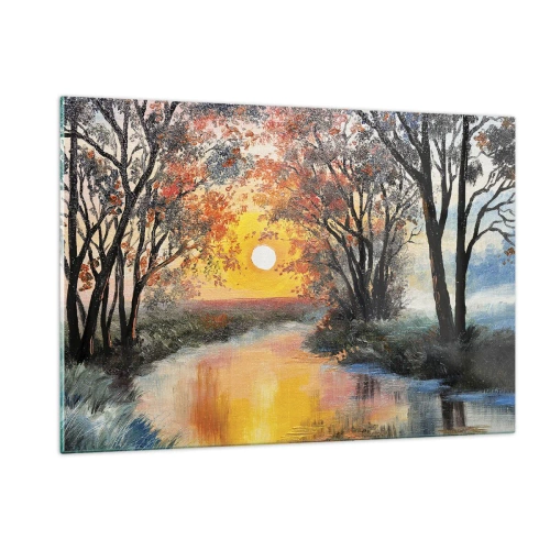 Obraz na szkle - Zachód słońca nad rzeką wśród drzew - 120x80cm - Jesienne klimaty - Nowoczesna dekoracja ścienna do salonu, kuchni i sypialni ARTTOR