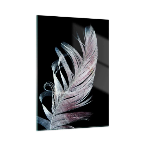 Obraz na szkle - Delikatne pióro na czarnym tle w artystycznym ujęciu - 50x70cm - Pomyśl o dotyku - Nowoczesna dekoracja ścienna do salonu, kuchni i sypialni ARTTOR