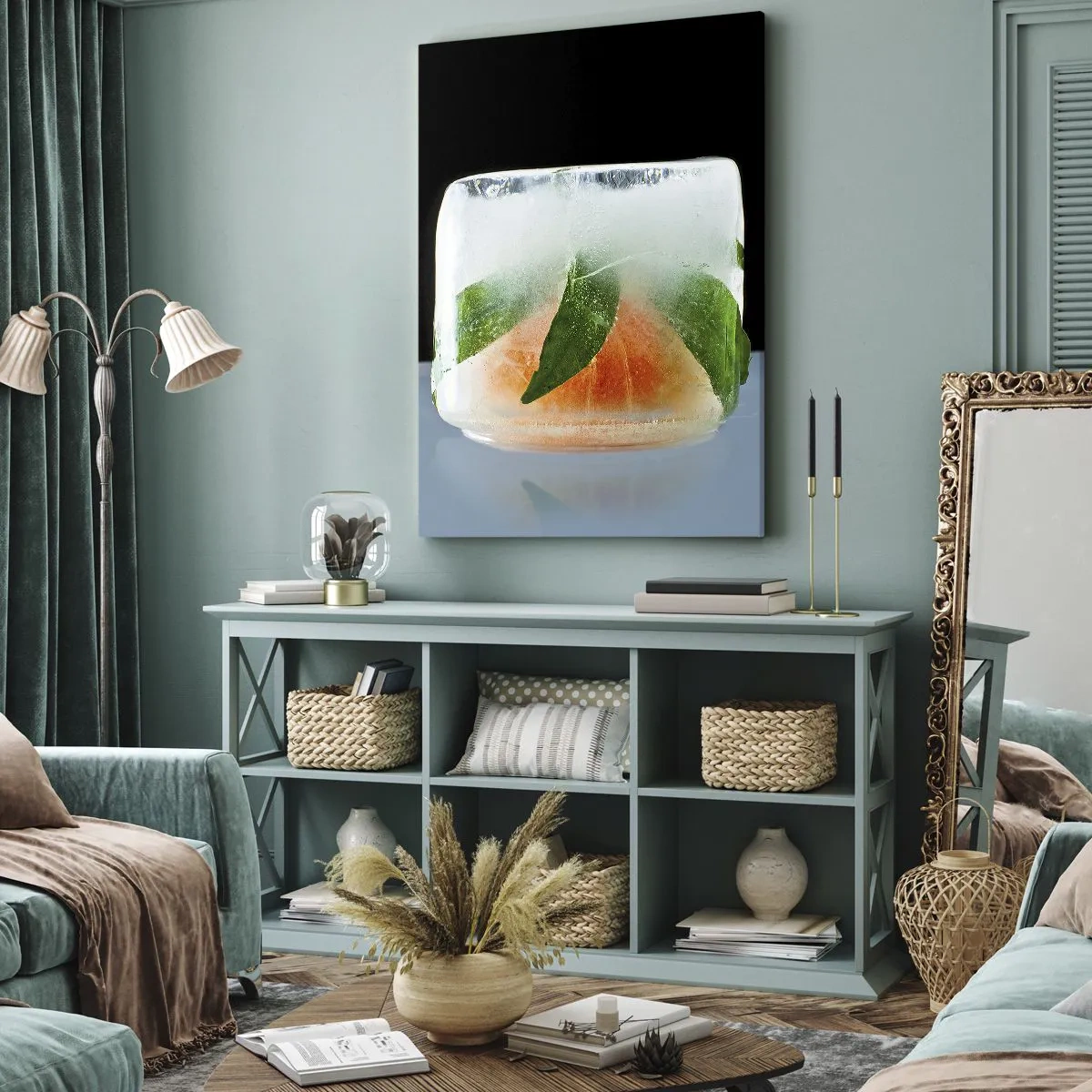 Obraz na płótnie - Lód z kawałkami pomarańczy i liśćmi w zamrożonej kostce - 50x70cm - Świeżość i ochłoda - Nowoczesna dekoracja ścienna do salonu, kuchni i sypialni ARTTOR