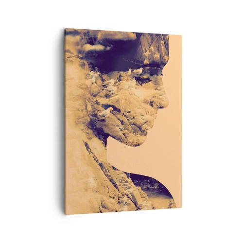 Obraz na płótnie - Profil kobiety z krajobrazem skalistym i mewami w technice podwójnej ekspozycji - 50x70cm - Piękna z natury - Nowoczesna dekoracja ścienna do salonu, kuchni i sypialni ARTTOR