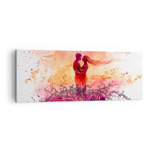 Obraz na płótnie - Para w objęciach na tle abstrakcyjnego różowo-pomarańczowego wzoru - 140x50cm - Jednego serca! Tak mało mi trzeba… - Nowoczesna dekoracja ścienna do salonu i sypialni ARTTOR