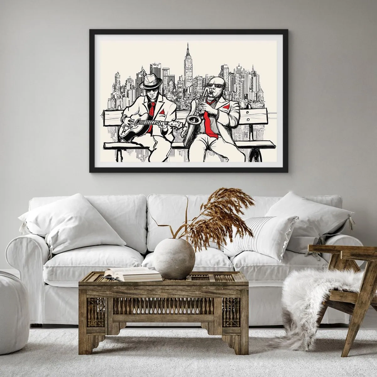 Plakat w czarnej ramie - Jazzowy duet z saksofonem i gitarą na tle miasta - 70x50cm - Nowojorska improwizacja - Nowoczesna dekoracja ścienna do salonu i sypialni ARTTOR