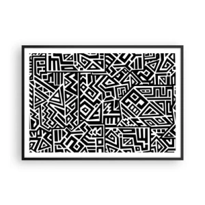 Plakat w czarnej ramie - Czarno-białe geometryczne wzory inspirowane kulturą prekolumbijską - 100x70cm - Kompozycja prekolumbijska - Nowoczesna dekoracja ścienna do salonu i sypialni ARTTOR
