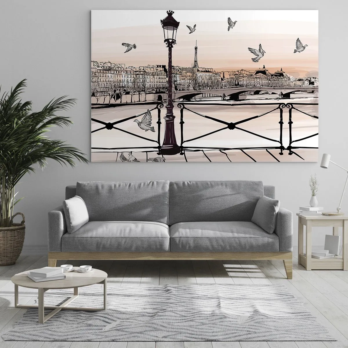 Obraz na szkle - Ilustracja paryskiej ulicy z widokiem na wieżę Eiffla o świcie - 70x50cm - Nad dachami Paryża - Nowoczesna dekoracja ścienna do salonu i sypialni ARTTOR