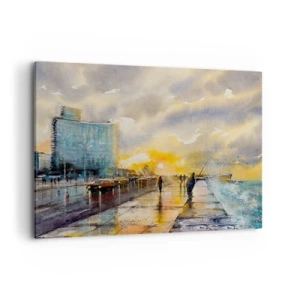 Obraz na płótnie - Malowniczy widok promenady nadmorskiej o zachodzie słońca - 120x80cm - Życie na brzegu - Nowoczesna dekoracja ścienna do salonu, kuchni i sypialni ARTTOR