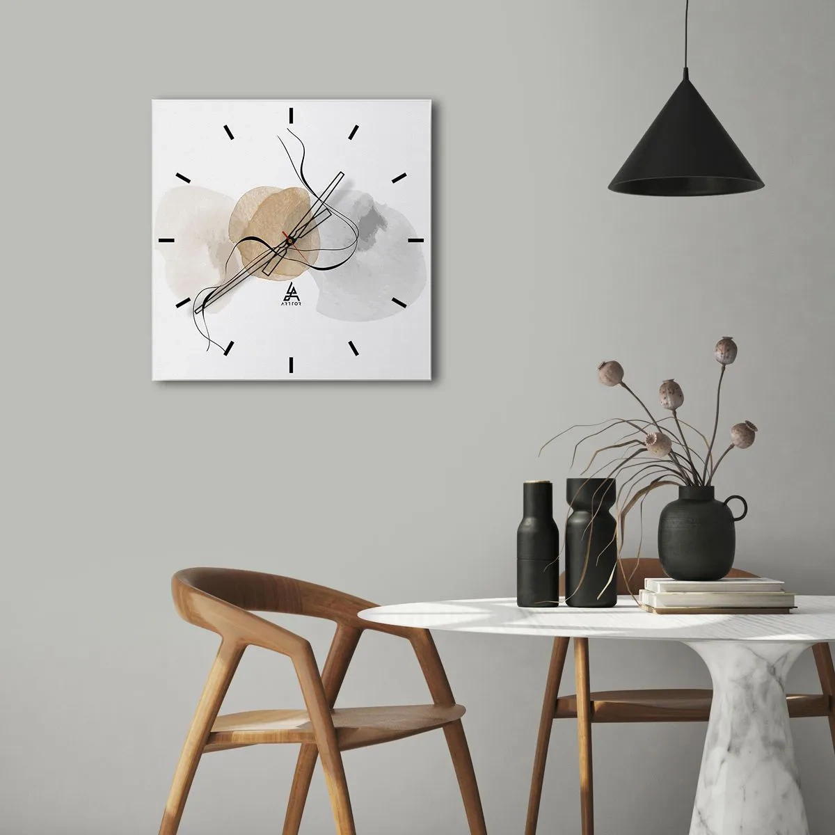 Zegar ścienny - Minimalistyczna abstrakcja w odcieniach beżu i szarości - 30x30cm - Powietrzne paciorki - Nowoczesna dekoracja ścienna do salonu i sypialni ARTTOR