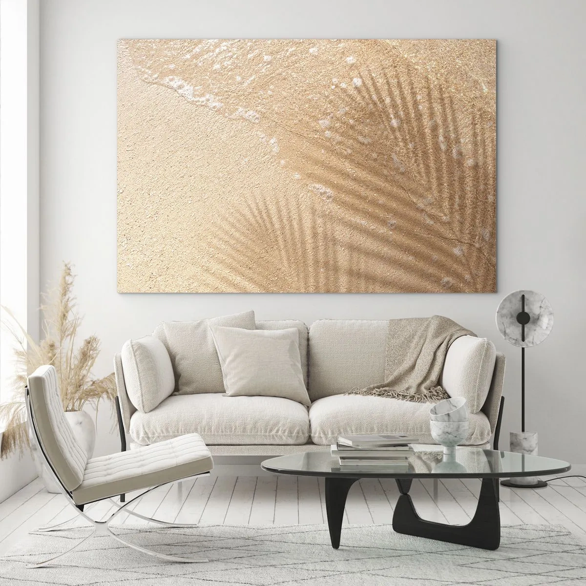 Obraz na szkle - Plaża i cień na piasku - 70x50cm - Cień gorącego lata - Nowoczesna dekoracja ścienna do salonu i sypialni ARTTOR