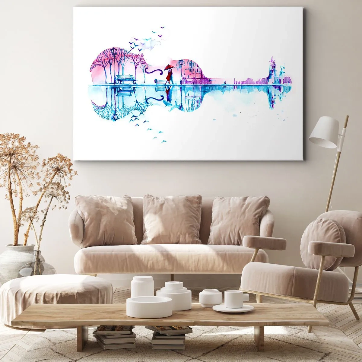 Obraz na płótnie - Sylwetka miasta w kształcie skrzypiec w akwarelowych kolorach - 70x50cm - Kantyczki deszczu wam przyniosę - Nowoczesna dekoracja ścienna do salonu i sypialni ARTTOR