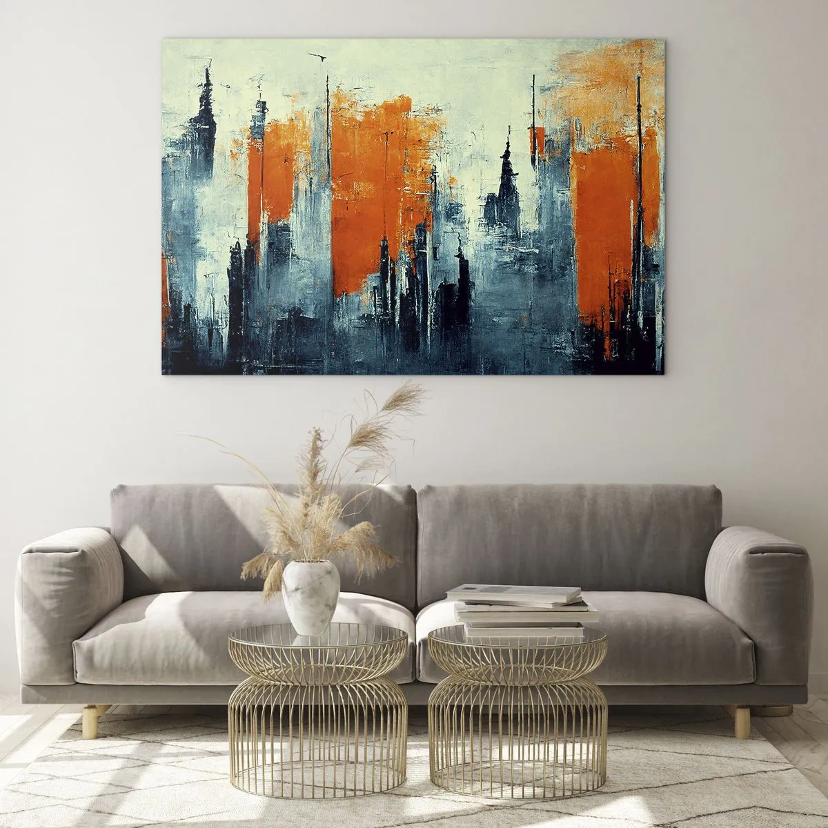 Obraz na szkle - Nowoczesna panorama miasta w odcieniach szarości i pomarańczu - 70x50cm - Pejzaż nowoczesny - Nowoczesna dekoracja ścienna do salonu i sypialni ARTTOR