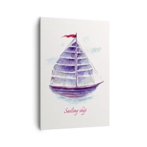 Obraz na płótnie - Akwarelowy obraz żaglówki na wodzie z delikatnym napisem - 70x100cm - Pełnych żagli i spokojnej wody - Nowoczesna dekoracja ścienna do salonu i sypialni ARTTOR