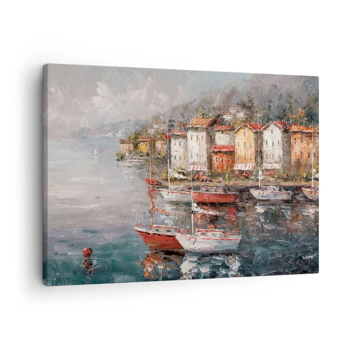 Obraz na płótnie - Nadmorska sceneria z łodziami i kolorowymi domami - 70x50cm - Romantyczna przystań - Nowoczesna dekoracja ścienna do salonu i sypialni ARTTOR