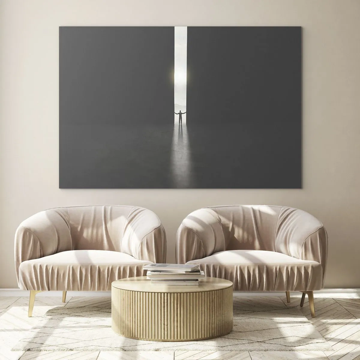 Obraz na szkle - Sylwetka człowieka otwierającego drzwi na jasne światło - 120x80cm - Krok do jasnej przyszłości - Nowoczesna dekoracja ścienna do salonu, kuchni i sypialni ARTTOR