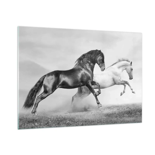 Obraz na szkle - Czarno-białe konie w dynamicznej scenerii - 100x70cm - Anioły i demony - Nowoczesna dekoracja ścienna do salonu, kuchni i sypialni ARTTOR