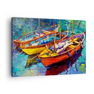 Obraz na płótnie - Kolorowe łodzie na spokojnej wodzie - 70x50cm - Na wodzie gęstej od barw - Nowoczesna dekoracja ścienna do salonu i sypialni ARTTOR