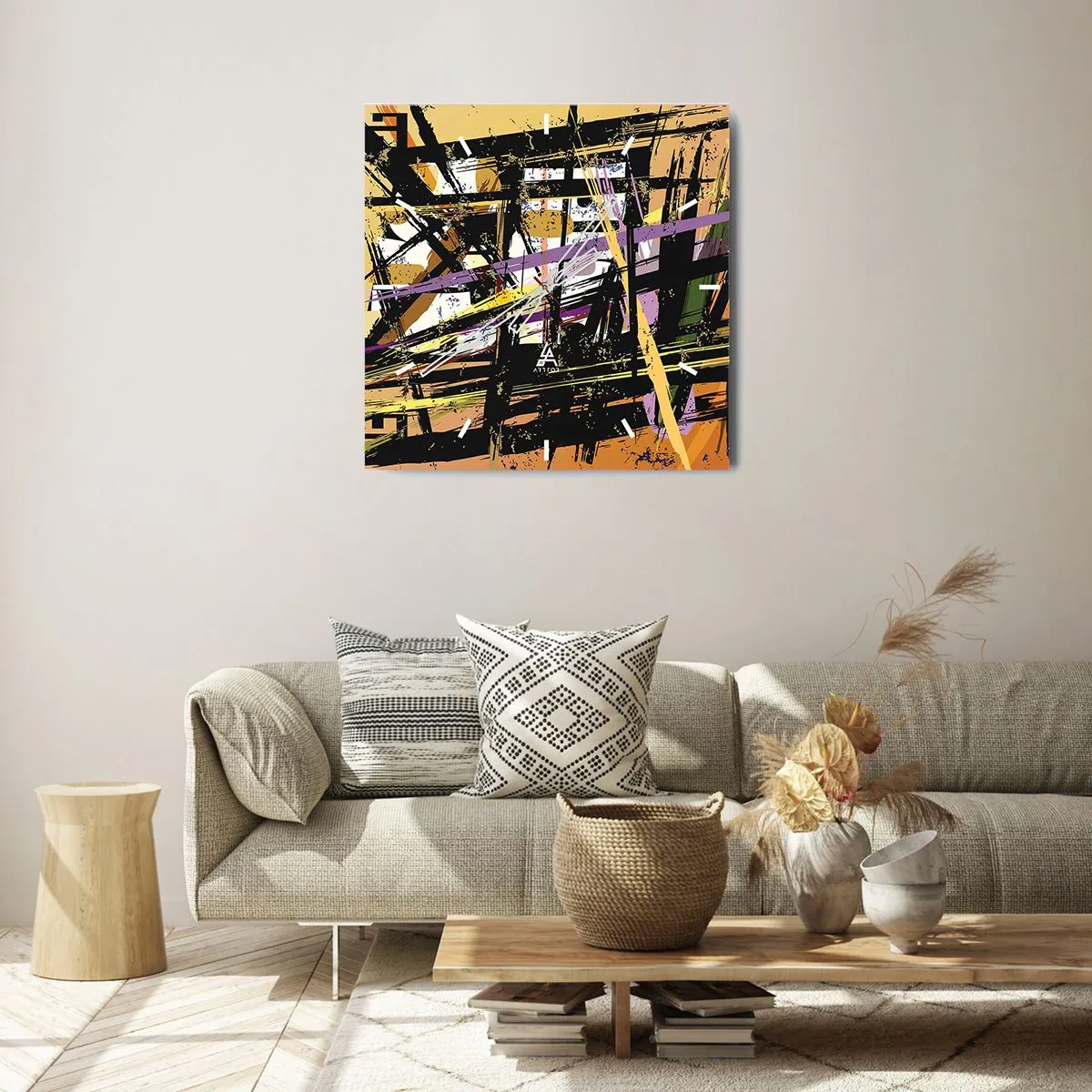 Zegar ścienny - Abstrakcyjne linie i kształty na tle w odcieniach beżu - 30x30cm - Ostre cięcie - Nowoczesna dekoracja ścienna do salonu i sypialni ARTTOR