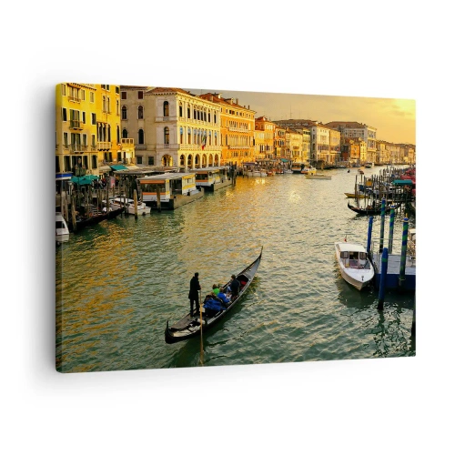 Obraz na płótnie - Gondola na kanale w Wenecji o zachodzie słońca - 70x50cm - Po słonecznej stronie ulicy - Nowoczesna dekoracja ścienna do salonu i sypialni ARTTOR
