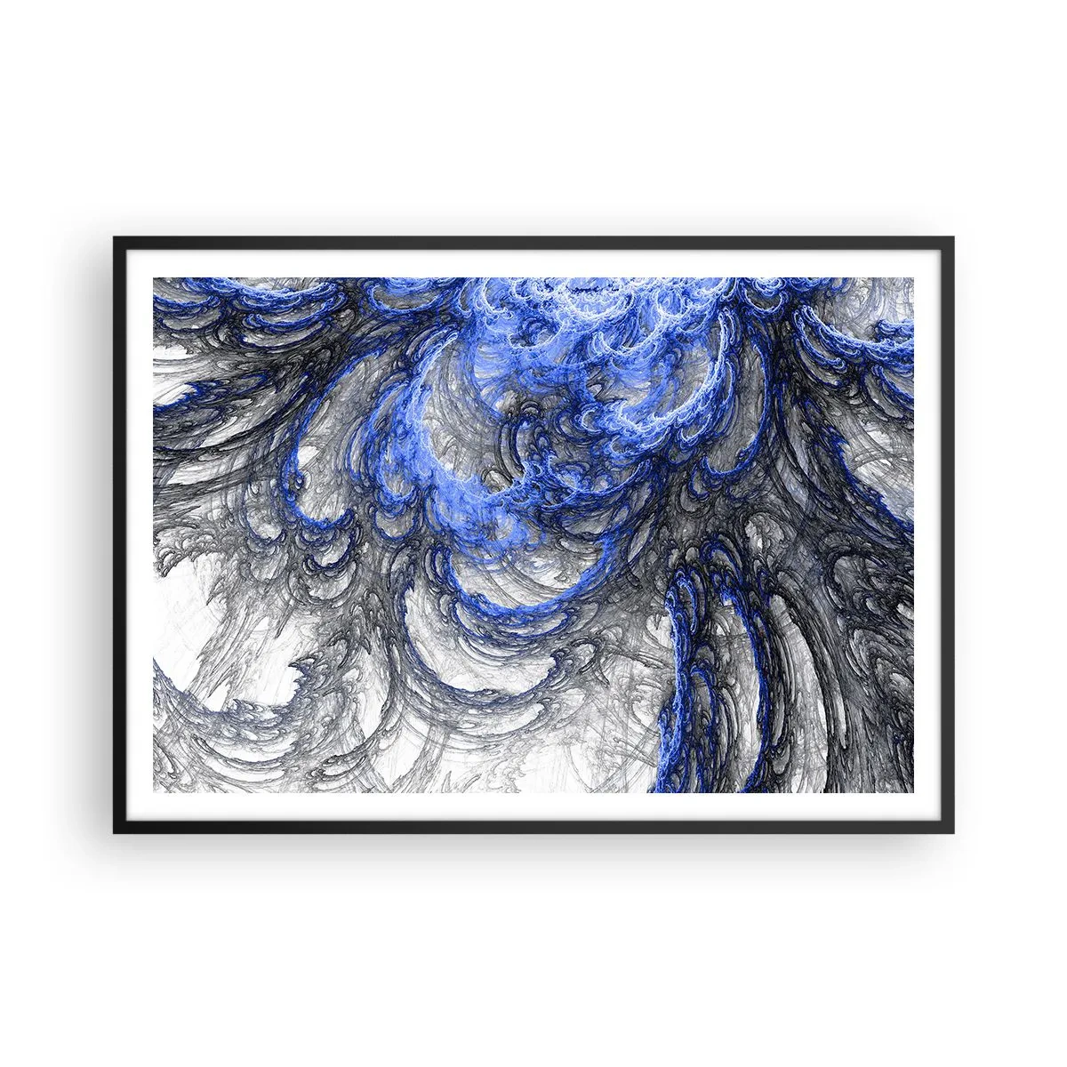 Plakat w czarnej ramie - Abstrakcyjne fale w odcieniach niebieskiego i szarego - 100x70cm - Narodziny fali - Nowoczesna dekoracja ścienna do salonu i sypialni ARTTOR