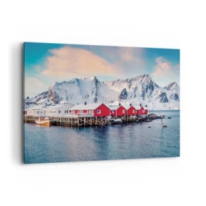 Obraz na płótnie - Czerwone domki na tle śnieżnych gór i błękitnego morza - 120x80cm - Północne ustronie - Nowoczesna dekoracja ścienna do salonu, kuchni i sypialni ARTTOR