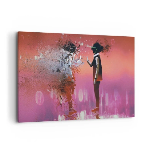 Obraz na płótnie - Abstrakcyjna scena z futurystyczną postacią i rozpraszającymi się elementami - 120x80cm - Czy można wejrzeć w siebie? - Nowoczesna dekoracja ścienna do salonu, kuchni i sypialni ARTTOR