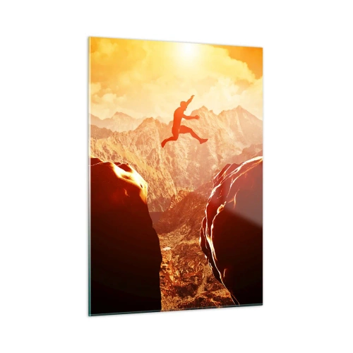 Obraz na szkle - Skok przez przepaść w górskim krajobrazie o zachodzie słońca - 50x70cm - Przekraczając granice - Nowoczesna dekoracja ścienna do salonu, kuchni i sypialni ARTTOR