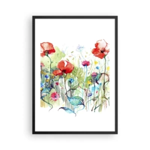 Plakat w czarnej ramie - Akwarela przedstawiająca łąkę z makami i polnymi kwiatami - 50x70cm - Kwitnąca majem łąka - Nowoczesna dekoracja ścienna do salonu i sypialni ARTTOR