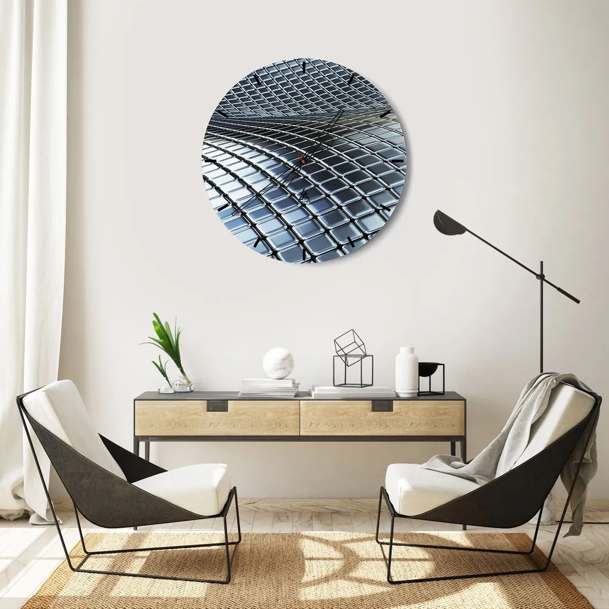 Zegar ścienny - Futurystyczna powierzchnia z metalowych paneli w srebrzystym odcieniu - 30x30cm - Metaliczna srebrna fala - Nowoczesna dekoracja ścienna do salonu, kuchni i sypialni ARTTOR