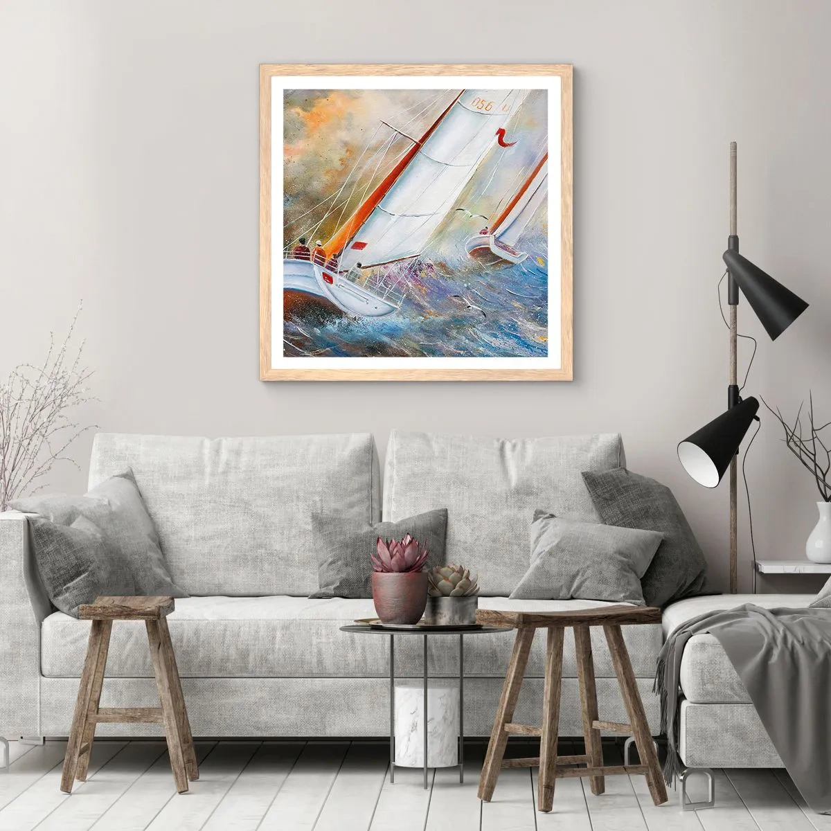 Plakat w ramie jasny dąb - Biegnące po falach - 40x40 cm