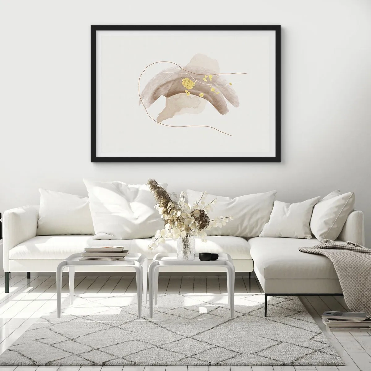 Plakat w czarnej ramie - Abstrakcyjna kompozycja w odcieniach beżu i złota - 100x70cm - Napotkane w przestrzeni - Nowoczesna dekoracja ścienna do salonu i sypialni ARTTOR