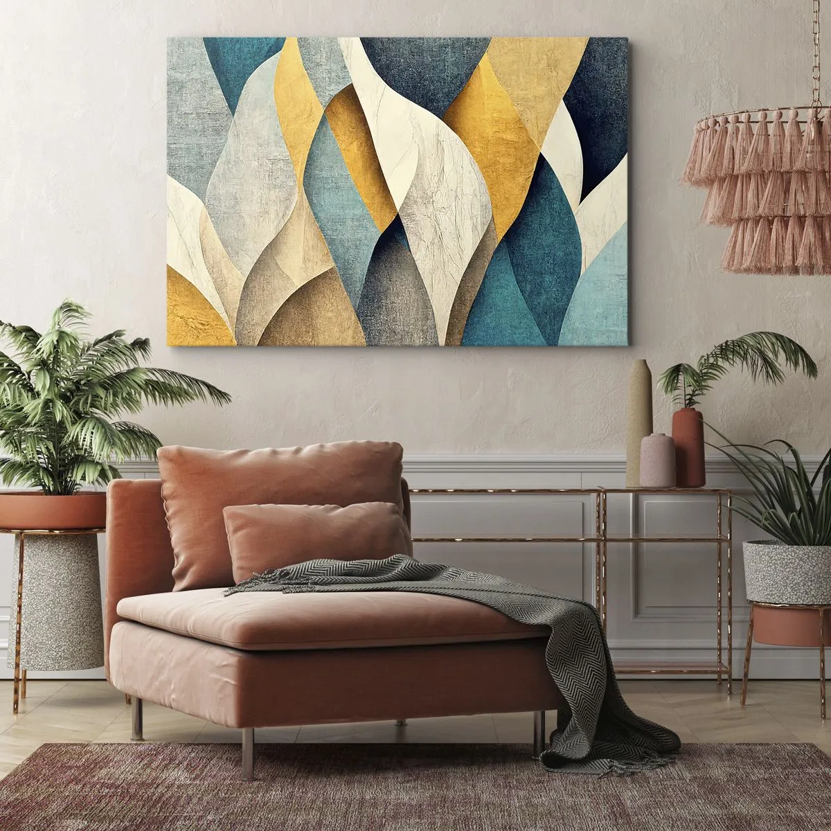 Obraz na płótnie - Abstrakcyjne fale w odcieniach niebieskiego i złota - 70x50cm - Rytm i falowanie - Nowoczesna dekoracja ścienna do salonu i sypialni ARTTOR