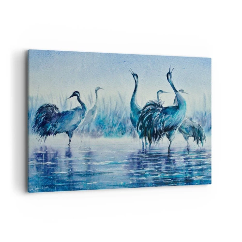 Obraz na płótnie - Żurawie na tle mgły i wody w niebieskiej tonacji - 100x70cm - Poranne spotkanie - Nowoczesna dekoracja ścienna do salonu, kuchni i sypialni ARTTOR