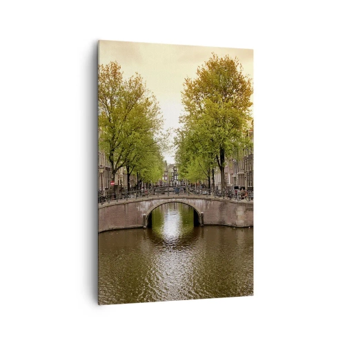 Obraz na płótnie - Kanał w Amsterdamie otoczony historycznymi kamienicami - 80x120cm - Łodzią czy rowerem? - Nowoczesna dekoracja ścienna do salonu i sypialni ARTTOR