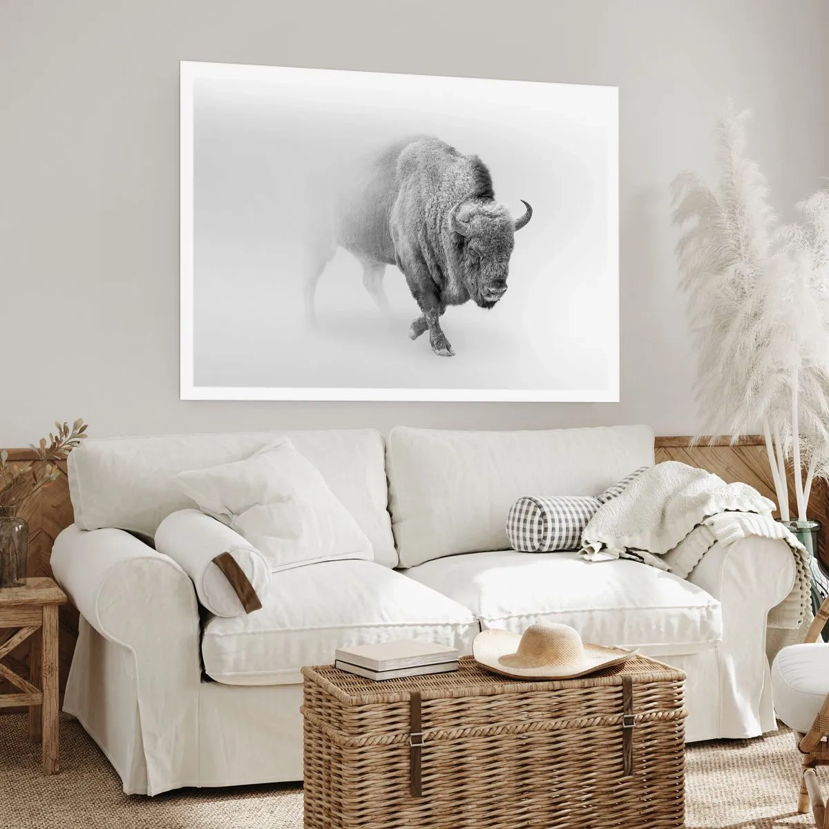 Plakat - Biały bizon w minimalistycznej scenerii - 100x70cm - Król prerii - Nowoczesna dekoracja ścienna do salonu i sypialni ARTTOR