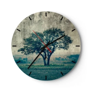 Zegar ścienny - Samotne drzewo na tle błękitnego krajobrazu - 30x30cm - Jabłoń na błękitnym błoniu? - Nowoczesna dekoracja ścienna do salonu, kuchni i sypialni ARTTOR