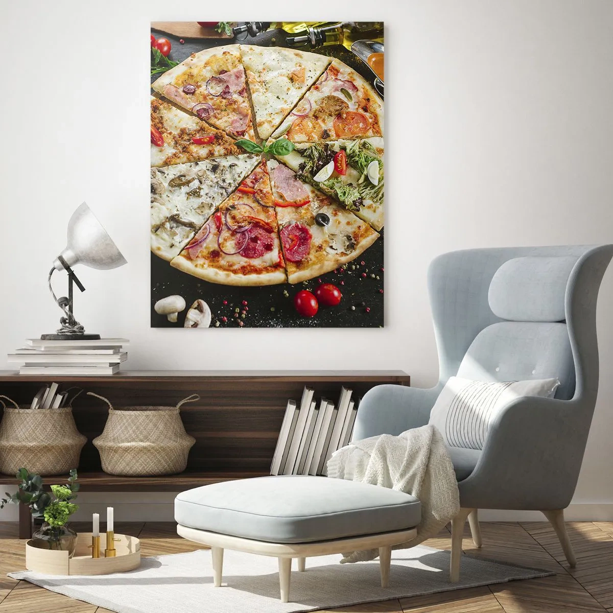 Obraz na szkle - Pizza w różnych smakach na tle z dodatkami - 80x120cm - Wachlarz smaków - Nowoczesna dekoracja ścienna do salonu i sypialni ARTTOR