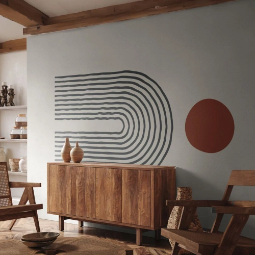 Fototapeta Premium Sand - Nowoczesna abstrakcja z liniami i czerwonym kołem - 100x70cm - Magnetyzm kształtów i barw - Nowoczesna dekoracja ścienna do salonu, kuchni i sypialni ARTTOR