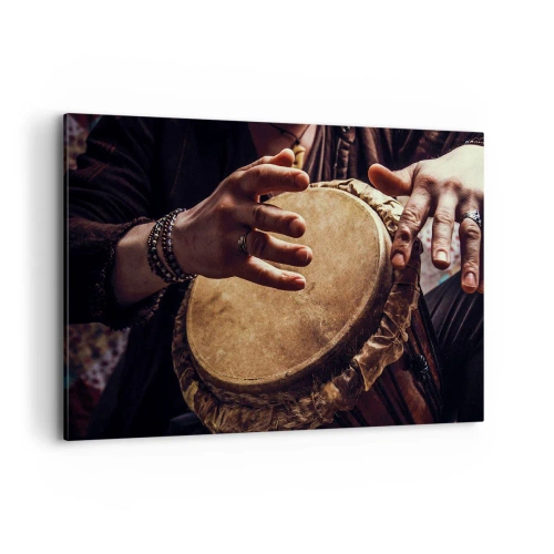 Obraz na płótnie - Ręce grające na tradycyjnym bębnie djembe - 120x80cm - W rytmie serca - Nowoczesna dekoracja ścienna do salonu, kuchni i sypialni ARTTOR