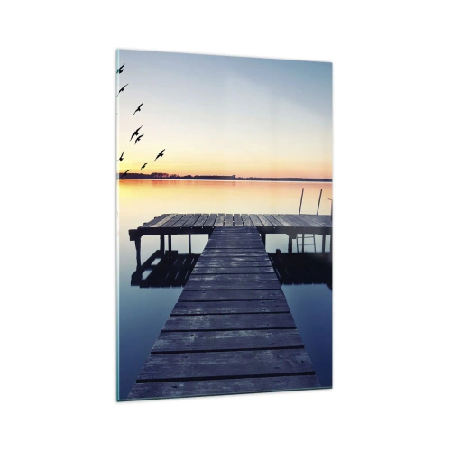 Obraz na szkle - Drewniane molo nad jeziorem o wschodzie słońca z ptakami - 70x100cm - To był dobry dzień - Nowoczesna dekoracja ścienna do salonu i sypialni ARTTOR