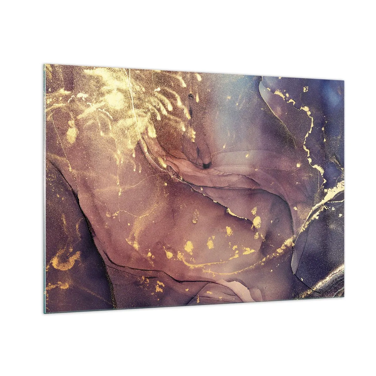 Obraz na szkle - Abstrakcyjna kompozycja z fioletowo-złotymi plamami i strukturą - 100x70cm - Materia i duch - Nowoczesna dekoracja ścienna do salonu, kuchni i sypialni ARTTOR