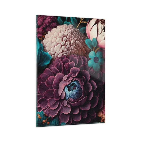 Obraz na szkle - Bukiet kwiatów w intensywnych kolorach na ciemnym tle - 80x120cm - Natura na bogato - Nowoczesna dekoracja ścienna do salonu i sypialni ARTTOR
