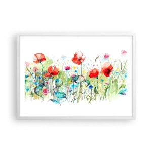 Plakat w białej ramie - Kwitnąca majem łąka - 70x50 cm