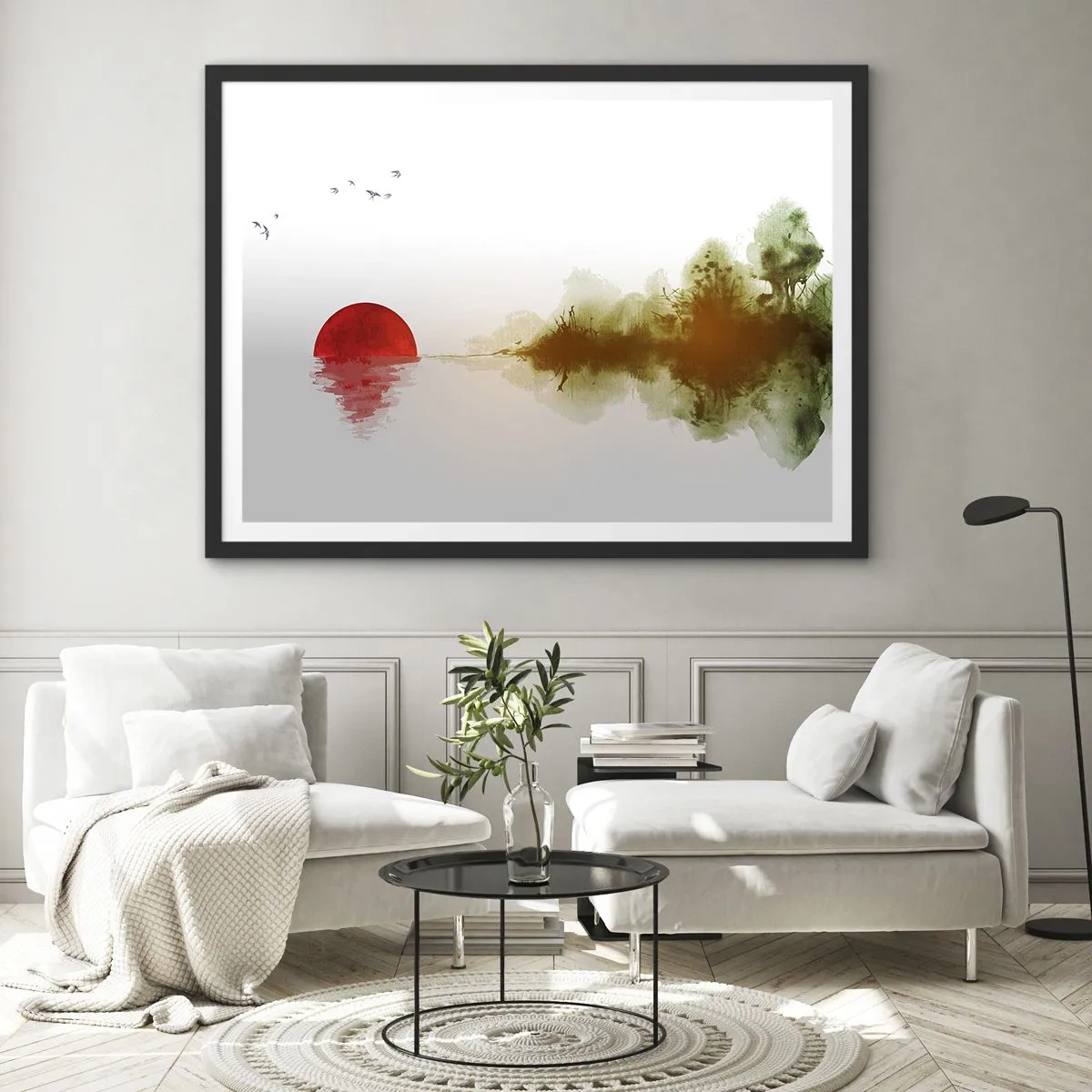 Plakat w czarnej ramie - Abstrakcyjny zachód słońca nad jeziorem z odbiciem - 70x50cm - Obietnica spokoju - Nowoczesna dekoracja ścienna do salonu i sypialni ARTTOR