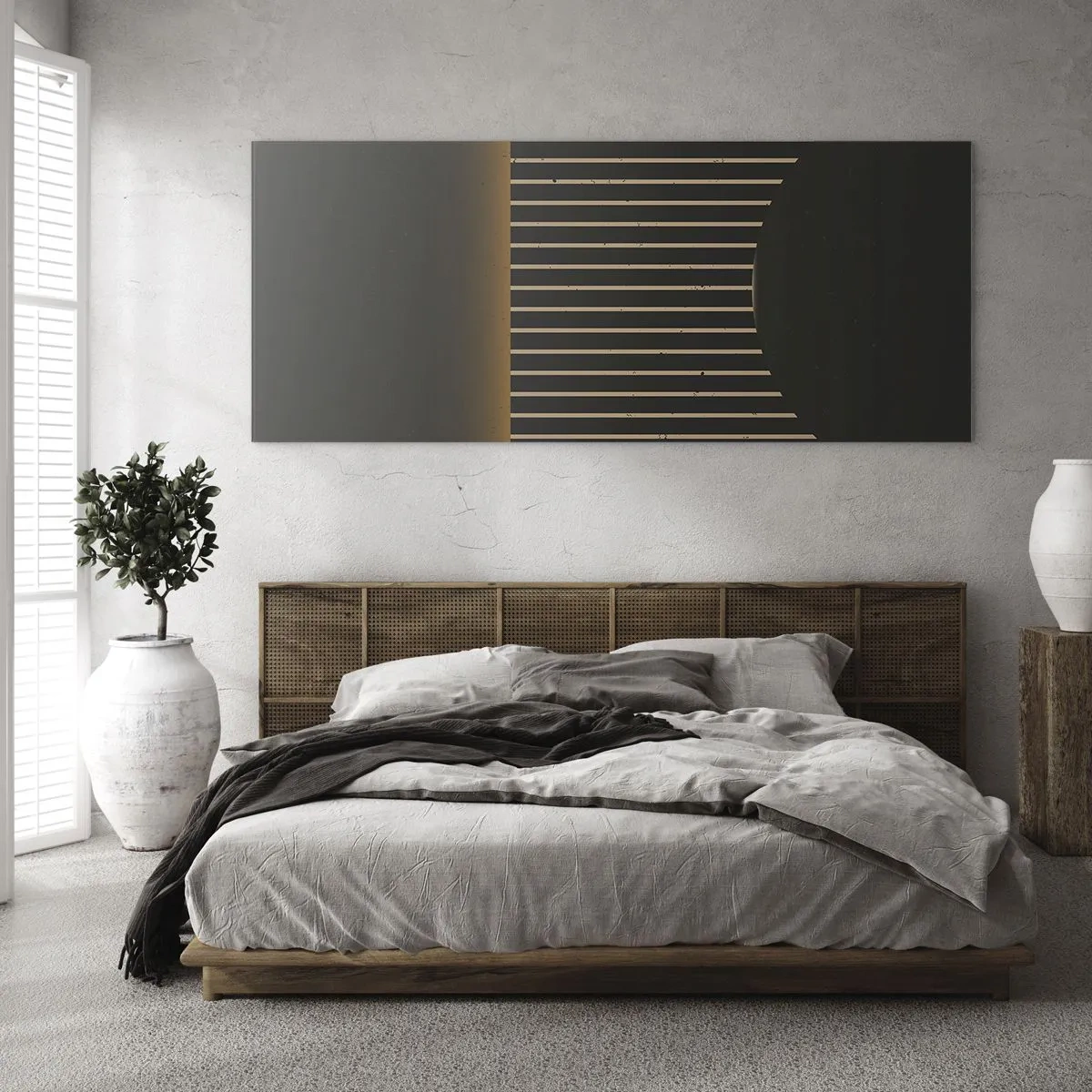 Obraz na szkle - Geometryczny wzór z pasami na ciemnym tle - 140x50cm - Zbadać ciemność - Nowoczesna dekoracja ścienna do salonu i sypialni ARTTOR