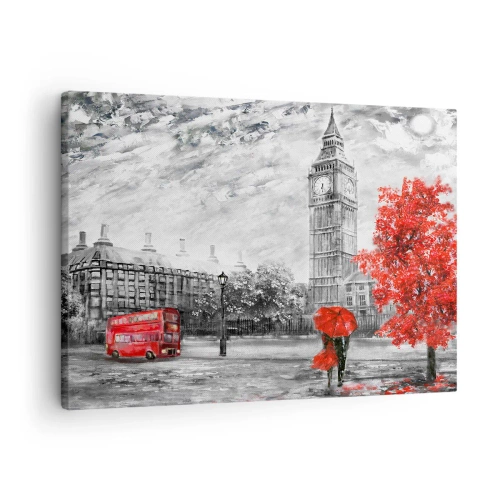 Obraz na płótnie - Ikoniczny widok Londynu z Big Benem, czerwonym autobusem i parasolką - 70x50cm - Ekscytujący dzień - Nowoczesna dekoracja ścienna do salonu i sypialni ARTTOR