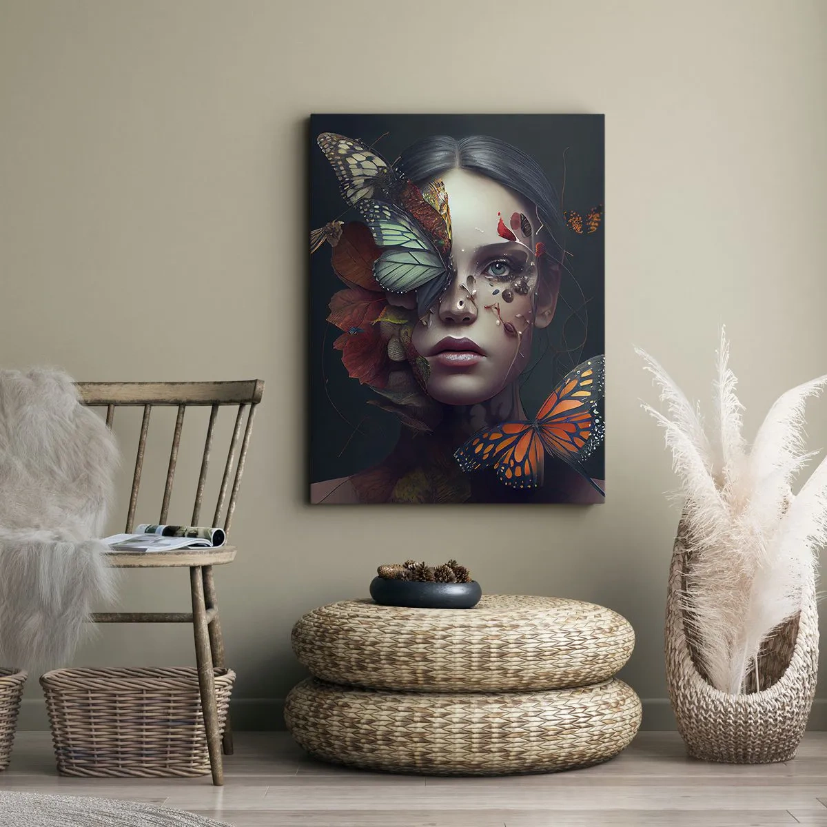 Obraz na płótnie - Portret kobiety z motylami i elementami roślinnymi - 80x120cm - Cudowna metamorfoza - Nowoczesna dekoracja ścienna do salonu i sypialni ARTTOR