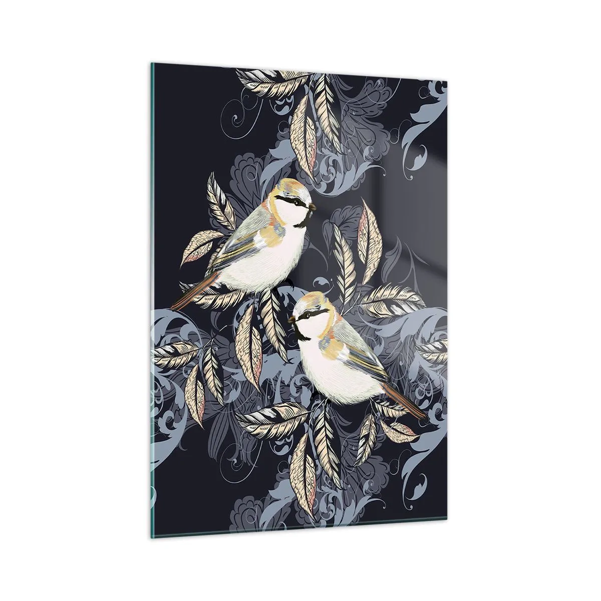 Obraz na szkle - Ilustracja dwóch ptaków na ciemnym tle z ornamentami - 50x70cm - Żółto-błękitny trel - Nowoczesna dekoracja ścienna do salonu, kuchni i sypialni ARTTOR