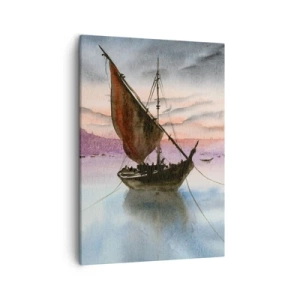 Obraz na płótnie - Malowniczy statek z postrzępionym żaglem na spokojnej wodzie o zmierzchu - 50x70cm - Wieczór w porcie - Nowoczesna dekoracja ścienna do salonu, kuchni i sypialni ARTTOR